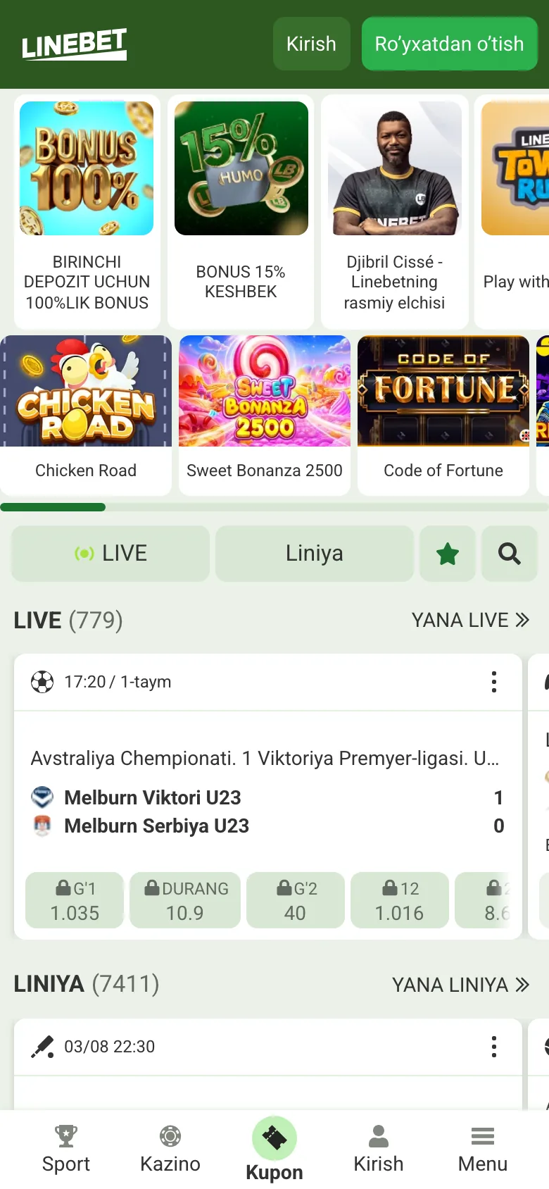Linebet — mobil sayt, birinchi ekran