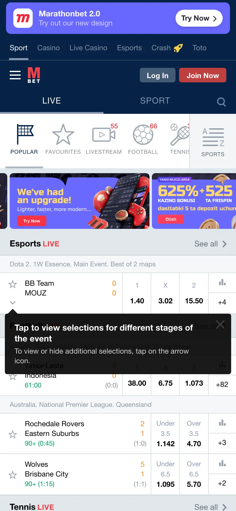 Marathonbet — mobil sayt, birinchi ekran