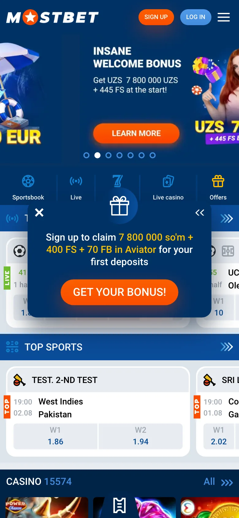 Mostbet — mobil sayt, birinchi ekran